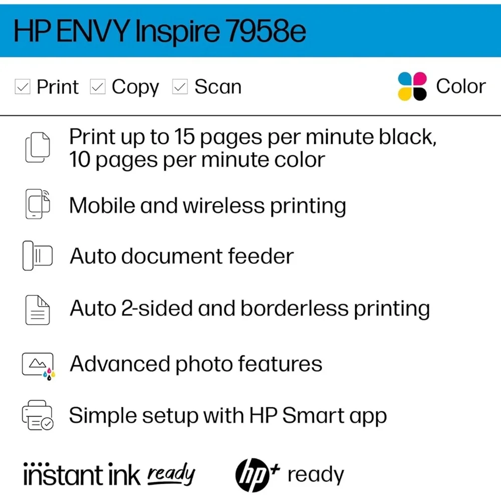 HP ENVY Inspire 7958e Wireless All-in-One Color Inkjet Printer, Print, scan, cop